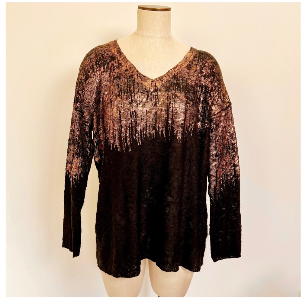 Soft Surroundings Vintage Rose Gold Foil Metallic V-neck Knit Sweater, Large
